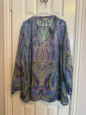 TravelSmith 3X Blue Paisley Boho Tunic Top Embroidered Lightweight Plus Size